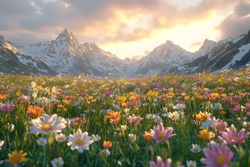 Obraz premium A vibrant field of wildflowers blooms beneath majestic snow-capped mountains during sunset, creating a breathtaking landscape filled with color and tranquility.