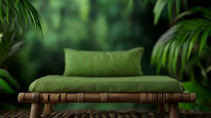 Obraz premium A cozy green couch made of bamboo sits among lush tropical foliage, creating a serene and natural ambiance.