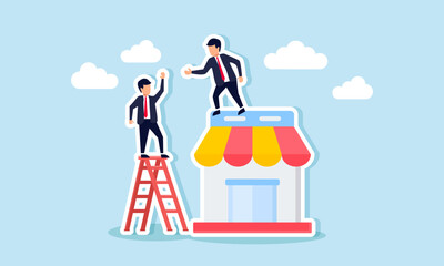 A businessman stands on a store, trying to help another businessman on a ladder, illustration of assisting fellow entrepreneurs to develop a marketplace together