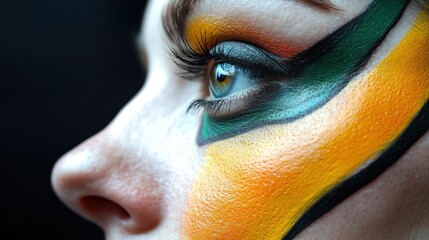 Artistic eye placement on the nose, blending multiple colors in a hyper-realistic, surreal design for visual intrigue