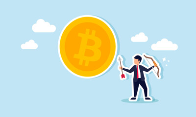A businessman holding an arrow stands next to a giant bitcoin, illustration of analyzing and targeting bitcoin at a specific valuation