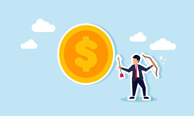 A businessman holding an arrow stands next to a giant dollar coin, illustration of analyzing and targeting the dollar at a specific valuation