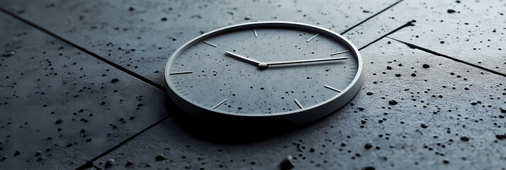 A minimalist black clock with silver hands sits on a textured concrete surface, the time is just past 11:00 AM or PM.