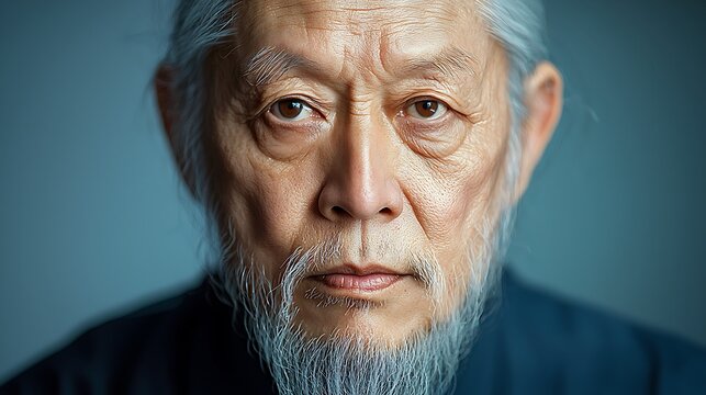 This close up portrait of Lao Tzu showcases his serene countenance, with deep lines etched into his weathered face reflecting a lifetime of wisdom and introspection