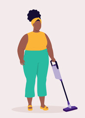 One Plus Size Black Woman Vacuuming The Floor With A Cordless Vacuum Cleaner.