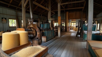 A traditional rice mill layout, with machinery for grain husking and processing, highlighting the rice production process