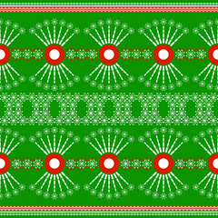 Abstract Ikat green and red circle swirl shape seamless pattern and geometric shapes on wallpaper and vector background. Christmas and new year concept