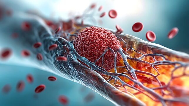 intricate visualization of deep vein thrombosis showcasing the clot formation within the vascular system, highlighting the narrowing of the blood vessel and potential risk of blood flow obstruction.