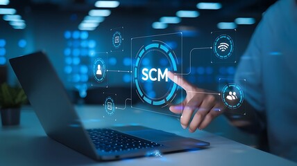 interaction with a SCM interface on a laptop with glowing icons for analytics, communication, contacts, and customer data