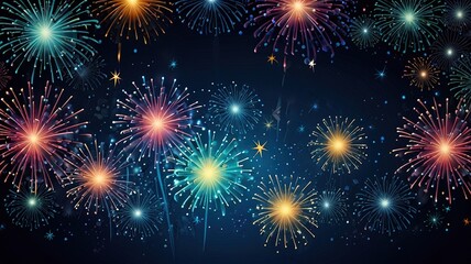Fototapeta premium Fireworks on blue background with stars and space for text