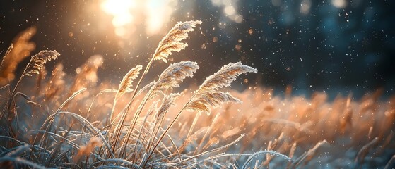 A serene winter morning scene featuring frosted reeds glowing in the golden light, with soft snowflakes falling gently in the background, creating a peaceful atmosphere.