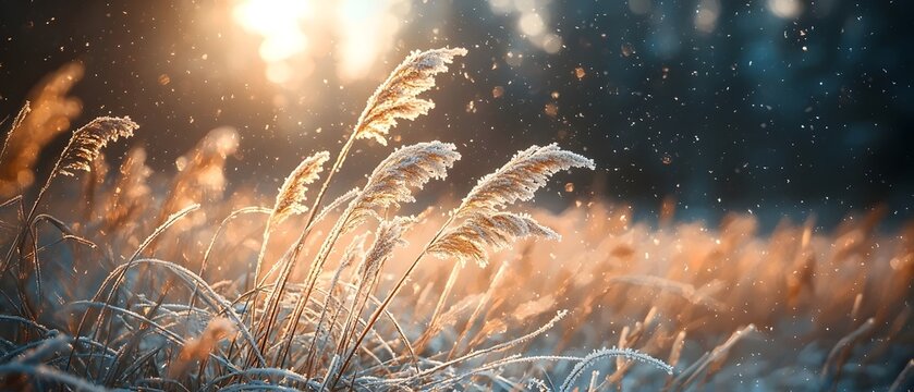 A serene winter morning scene featuring frosted reeds glowing in the golden light, with soft snowflakes falling gently in the background, creating a peaceful atmosphere.