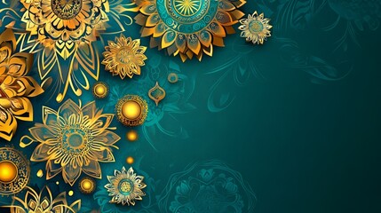 Opulent Diwali celebration scene with a rich emerald green background,  decorated with intricate gold mandalas and sparkling fireworks bursting in the night sky.    Oriental festival of  lights.    Ra