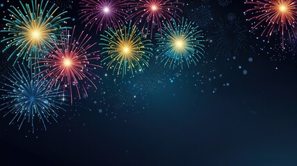Fototapeta premium Fireworks on blue background with stars and space for text