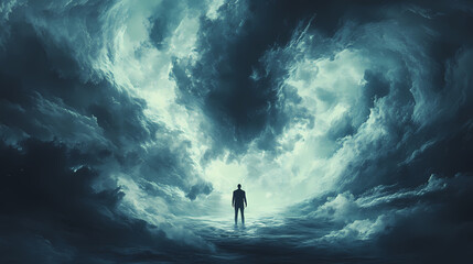 Obraz premium A lone figure stands amidst a swirling sea of clouds, their silhouette a stark contrast against the dramatic sky.