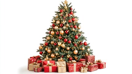 Christmas tree with red and gold ornaments, lights, and presents around, presented on a minimalist white background