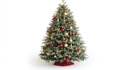 Fototapeta premium Classic Christmas tree with elegant red and gold ornaments, glowing softly with lights, set against a clean white background