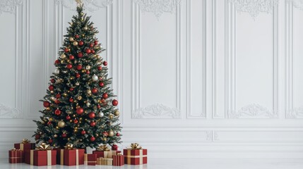 Classic holiday tree with red and gold decorations and gift boxes around, set against a clean white backdrop.