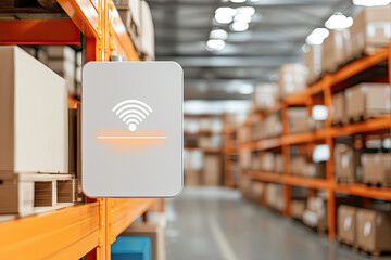 A wireless connectivity device is mounted on a shelving unit in a warehouse filled with boxes and organized storage.