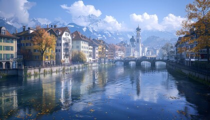 Fototapeta premium A picturesque view of a charming European town with a river, bridge, and snow-capped mountains in the background. The buildings are a mix of traditional architecture and modern styles
