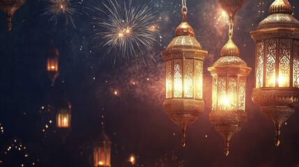 Obraz premium Festive Diwali card background with a warm bronze color gradient, featuring intricate gold patterns, glowing oil lamps, and celebratory fireworks bursting in sky. Oriental festival of lights. Ramada