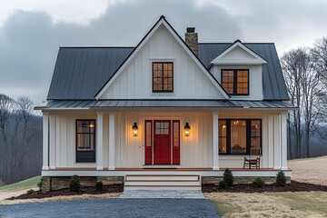 a front view of a modern white farmhouse featuring a vibrant red door, classic black light fixtures, and white pillars. modern farmhouse with red door detail