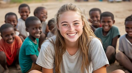 Fototapeta premium A young American volunteer with sun kissed skin and a wide grin sits on the dusty ground of a Zambian village surrounded by a group of smiling children