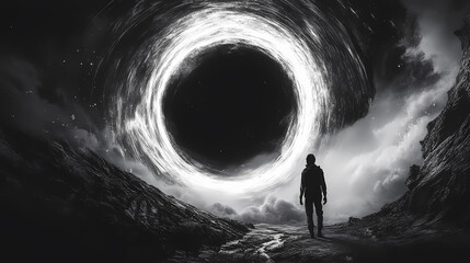 Obraz premium A lone figure stands before a swirling white ring, a mesmerizing celestial phenomenon that fills the sky, evoking a sense of awe and mystery.