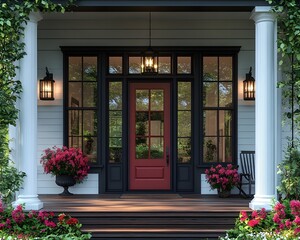 Fototapeta premium a front view of a modern white farmhouse featuring a vibrant red door, classic black light fixtures, and white pillars. modern farmhouse with red door detail