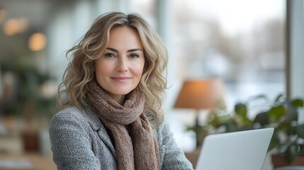 a cheerful, mature businesswoman at her desk, focused on her laptop in a well-lit, modern office. happy mature businesswoman using laptop in office