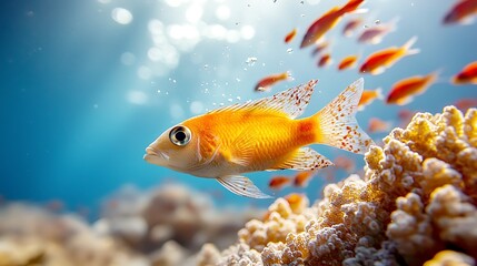 The sunlit coral reef comes alive with vibrant reef fish swimming gracefully among the colorful coral formations