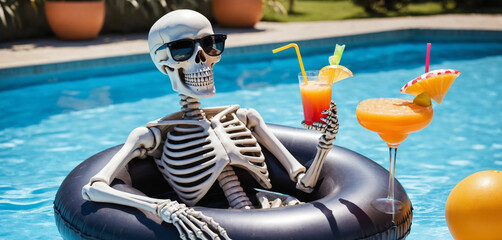  A humorous image of a skeleton relaxing in a pool with sunglasses and cocktails. The image evokes a sense of humor, absurdity, and the concept of death and mortality.
