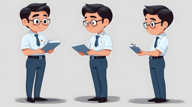 A young male student in a white shirt and grey pants stands with a book and clipboard in three different poses.