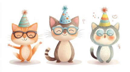Obraz premium Cute animals in party hats, with glasses and festive accessories, celebrating with adorable poses on a white background