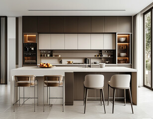 an open-plan kitchen and dining area in a minimalist, luxury home. The kitchen have sleek cabinetry with hidden handles, a large island with barstools, and a single decorative element.