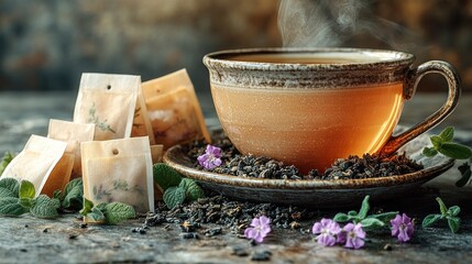 A steaming cup of tea surrounded by herbal tea bags and flowers.