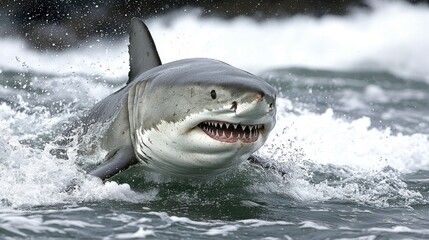 Naklejka premium Great White Shark Ocean Predator Wildlife Jumping Wave
