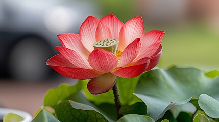 Obraz premium The striking red petals of the lotus flower contrast beautifully against the lush green foliage that surrounds it, creating a mesmerizing and eye catching sight in the bright daylight.