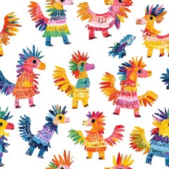 Fototapeta premium Colorful seamless pattern of Mexican piñata toys, lively and dynamic, isolated on white.