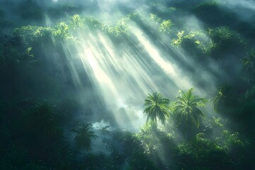 Obraz premium A serene landscape of a lush jungle where sunlight filters through a misty canopy, casting ethereal rays of light onto tropical palms and vegetation.