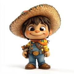3D cartoon character wearing a sombrero, playful and cheerful, isolated on white background.
