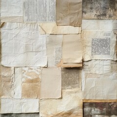 Collage of aged paper and newsprint textures, processed antique look, 3D illustration