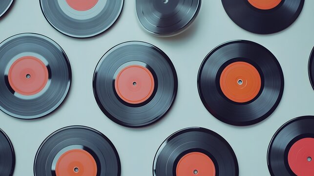 Vintage vinyl records seamless pattern on pale background