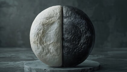 A half white and half black sphere sits on a circular platform against a dark backdrop.