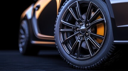 Stylish Car Wheel Close-Up in Dark Environment