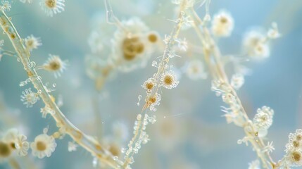 Fototapeta premium Close-up of microscope slide revealing intricate fungal spores, essential for research on fungal diseases and microbiology studies.