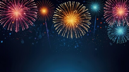 Fototapeta premium Fireworks on blue background with stars and space for text