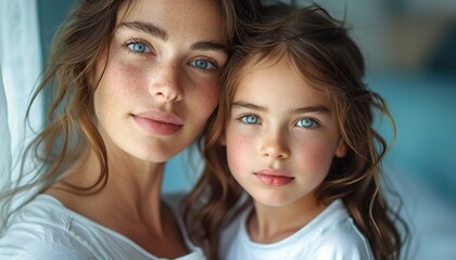 Fototapeta premium Close up photo amazing pretty two people brown haired mum small little daughter stand close 