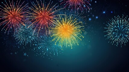 Fototapeta premium Fireworks on blue background with stars and space for text