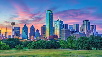 Fototapeta premium A vibrant city skyline at sunset, showcasing modern architecture and a colorful sky.